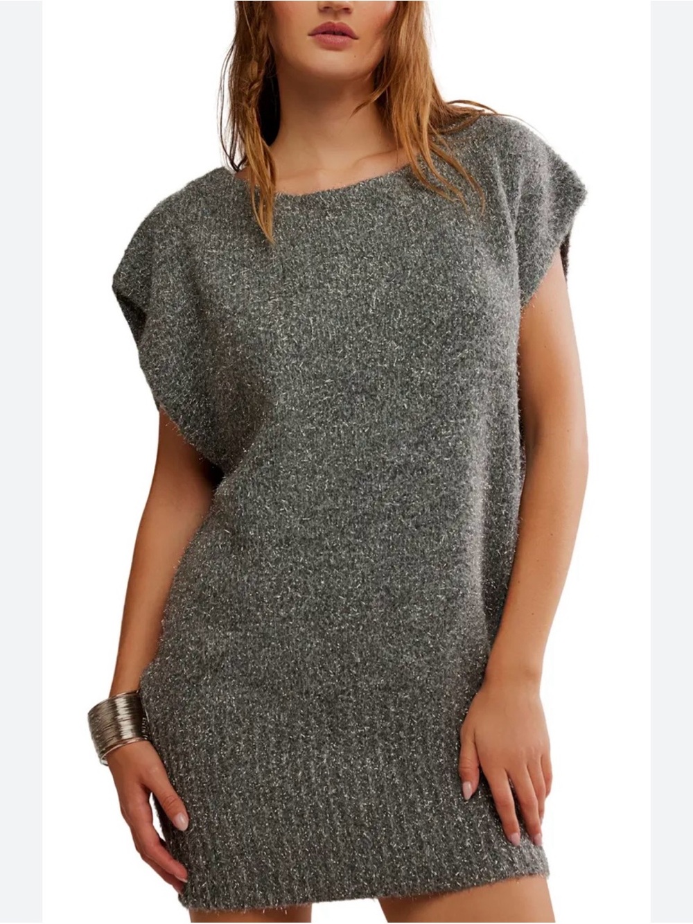 Free People Talia Sweater Mini Dress Castle Grey metallic draped cap sleeves med